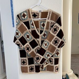 90s Women's Patchwork Cardigan - Brown, Cream, and Blue
